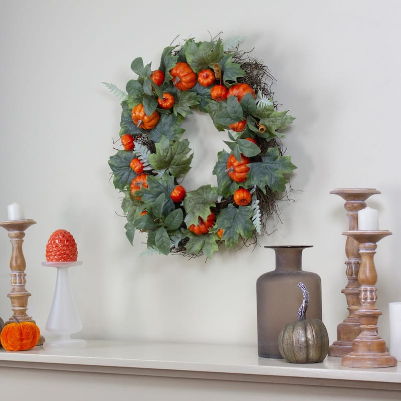 Autumn Harvest Maple and Fern Leaves With Pumpkins Grapevine Artificial Wreath - 24-Inch Unlit