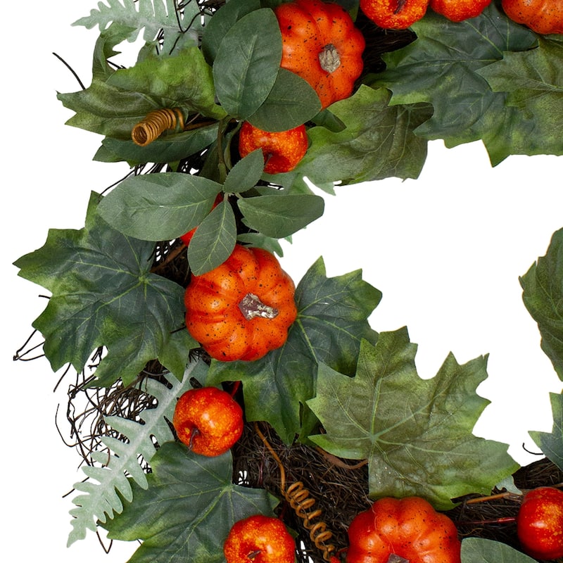 Autumn Harvest Maple and Fern Leaves With Pumpkins Grapevine Artificial Wreath - 24-Inch Unlit