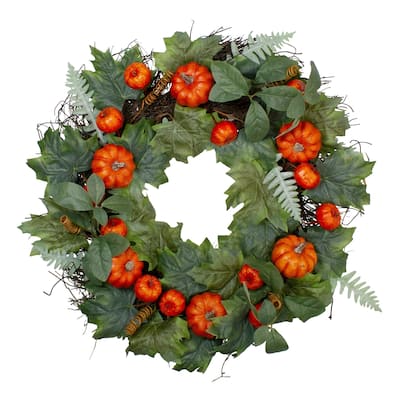 Autumn Harvest Maple and Fern Leaves With Pumpkins Grapevine Artificial Wreath - 24-Inch Unlit