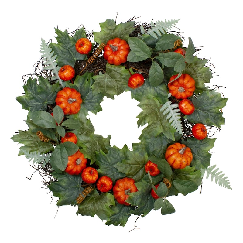 Autumn Harvest Maple and Fern Leaves With Pumpkins Grapevine Artificial Wreath - 24-Inch Unlit