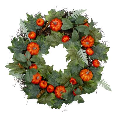 Autumn Harvest Maple and Fern Leaves With Pumpkins Grapevine Artificial Wreath - 24-Inch Unlit