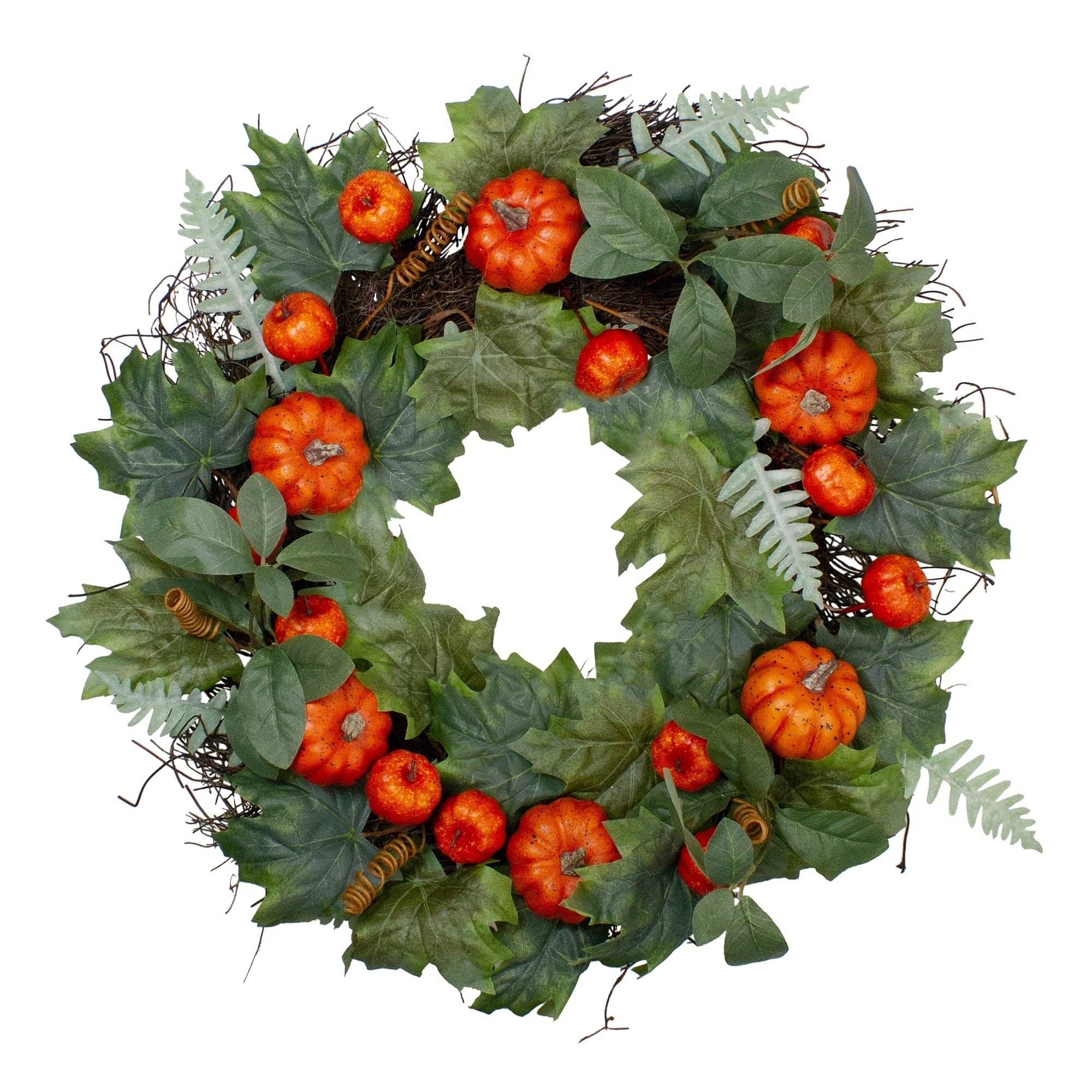 Maple and Fern Leaves with Pumpkins Artificial Wreath Orange 24-Inch - 24"