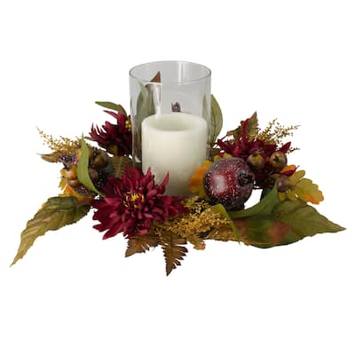 22" Autumn Harvest Mums with Pomegranate Autumn Centerpiece Glass Candle Holder - N/A