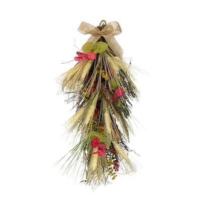 24" Autumn Harvest Wheat and Eucalyptus with Feathers Teardrop Swag - Unlit