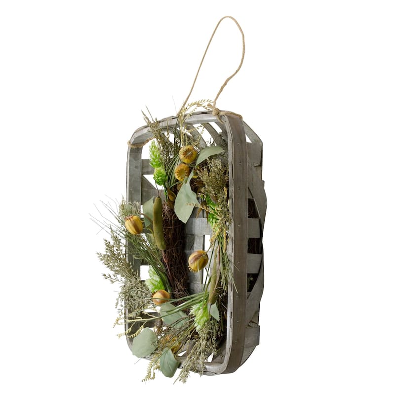 16 Autumn Harvest Green Hop and Cattail Grapevine Wreath in a Wooden Tray Hanger - N/A