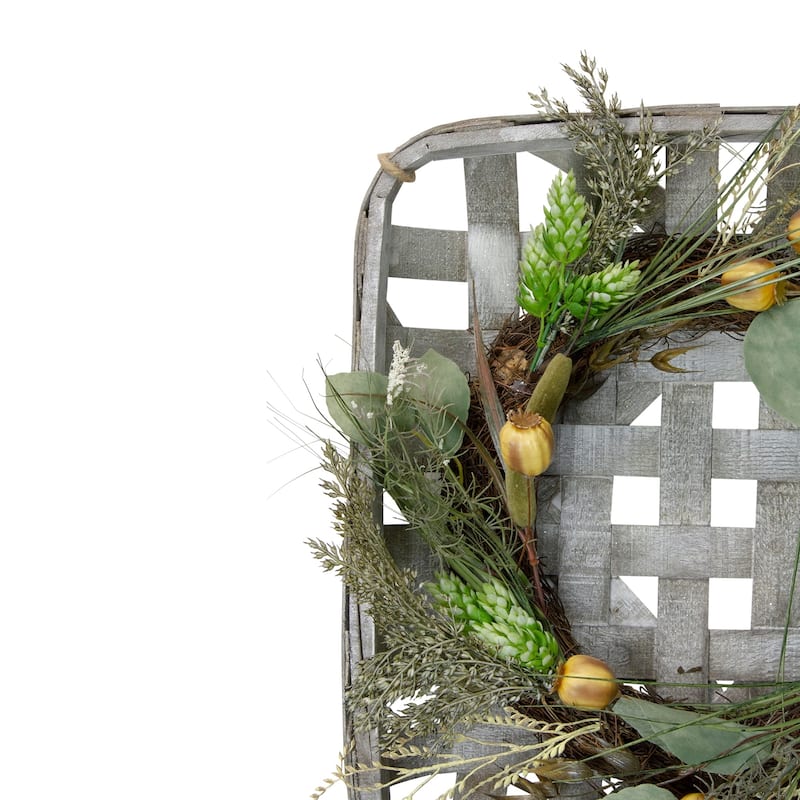 16 Autumn Harvest Green Hop and Cattail Grapevine Wreath in a Wooden Tray Hanger - N/A