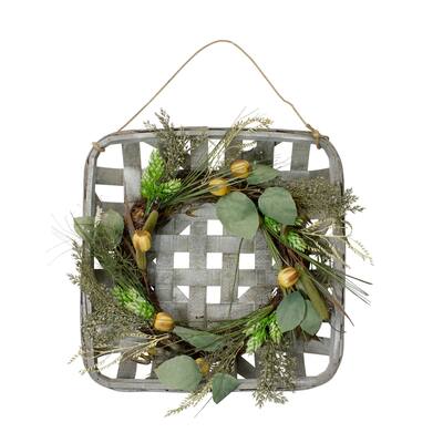 16 Autumn Harvest Green Hop and Cattail Grapevine Wreath in a Wooden Tray Hanger - N/A