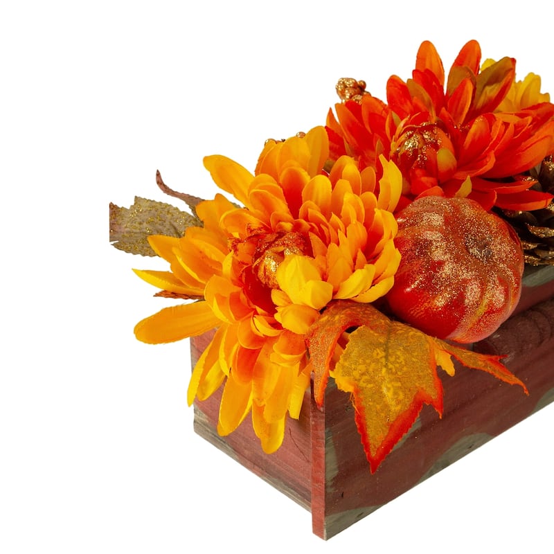 14" Autumn Harvest Maple Leaf and Berry Arrangement in Rustic Wooden Box Centerpiece - N/A