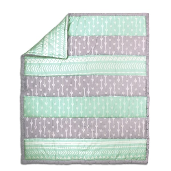 slide 1 of 1, The Peanut Shell Arrow Stripe Cotton Quilt in Mint/Grey