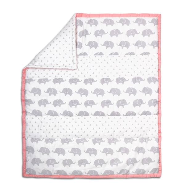 slide 1 of 1, The Peanut Shell Elephant Stripe Cotton Quilt in Coral/Grey