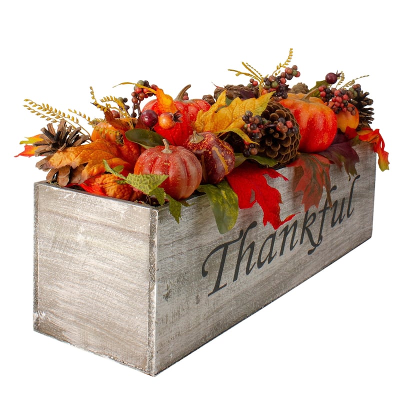 24" Autumn Harvest Maple Leaf and Berry Arrangement in a "Thankful" Rustic Wooden Box Centerpiece - N/A