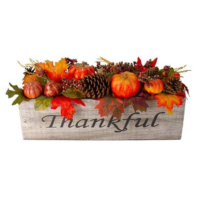 24" Autumn Harvest Maple Leaf and Berry Arrangement in a "Thankful" Rustic Wooden Box Centerpiece - N/A