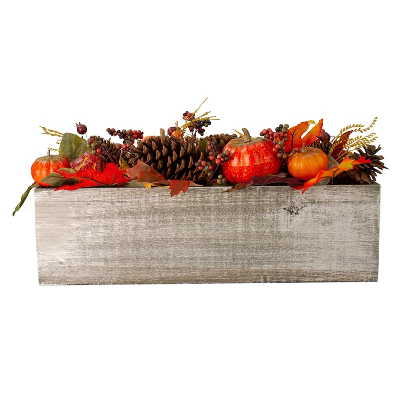 24" Autumn Harvest Maple Leaf and Berry Arrangement in a "Thankful" Rustic Wooden Box Centerpiece - N/A