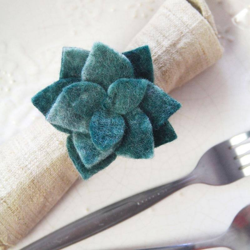 The Curated Nomad Thrift Handmade Felt Succulent Napkin Rings (Set of 4)