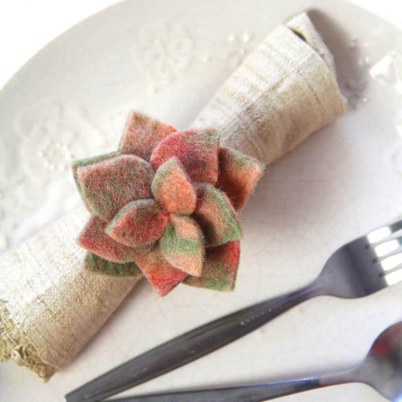 The Curated Nomad Thrift Handmade Felt Succulent Napkin Rings (Set of 4)