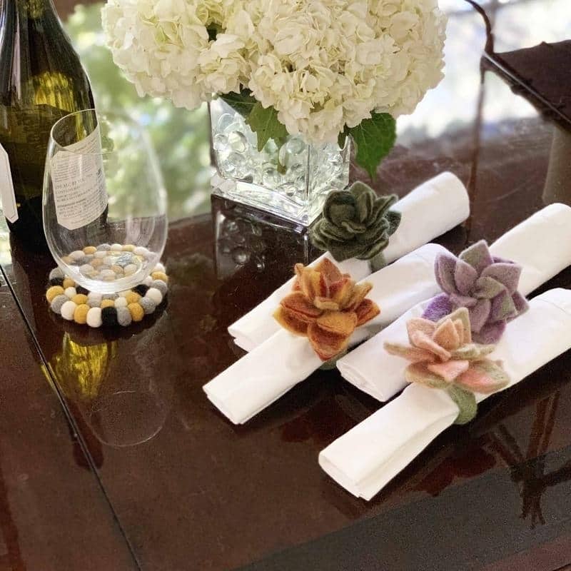 The Curated Nomad Thrift Handmade Felt Succulent Napkin Rings (Set of 4)
