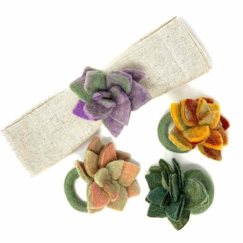 The Curated Nomad Thrift Handmade Felt Succulent Napkin Rings (Set of 4) - Multi