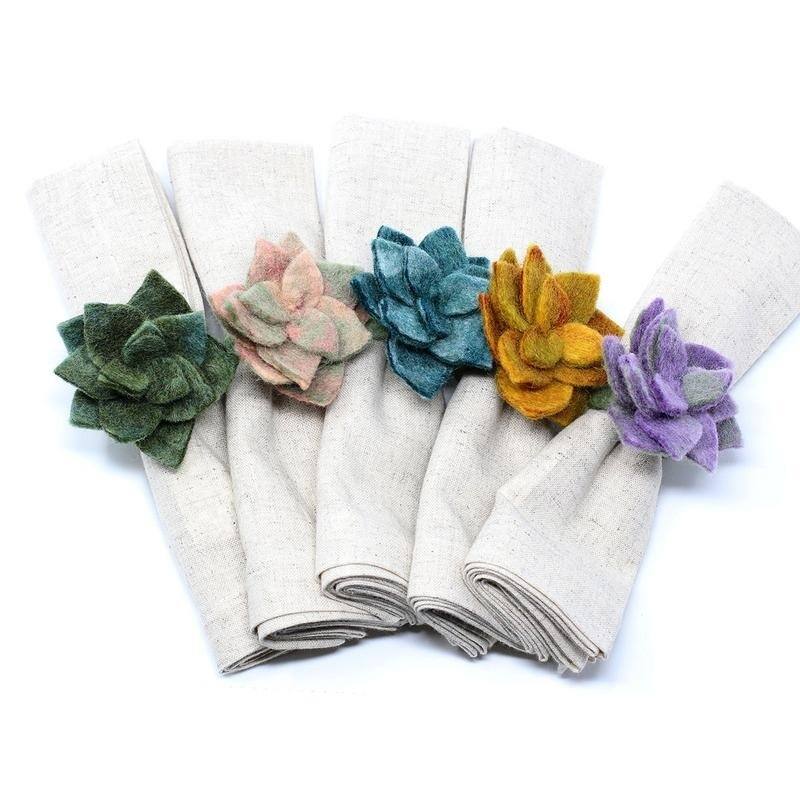 The Curated Nomad Thrift Handmade Felt Succulent Napkin Rings (Set of 4)