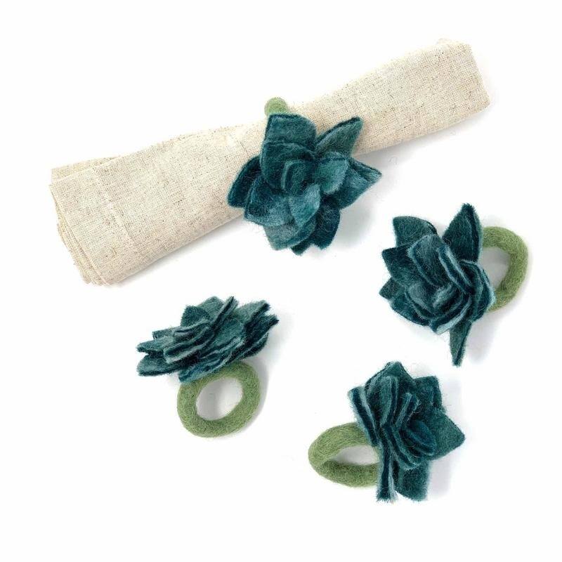 The Curated Nomad Thrift Handmade Felt Succulent Napkin Rings (Set of 4)