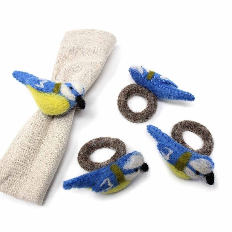 The Curated Nomad Thrift Felt Bird Napkin Ring (Set of 4) - Blue