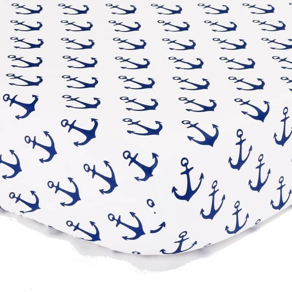 slide 1 of 1, The Peanut Shell Anchor Print Cotton Fitted Crib Sheet in Navy