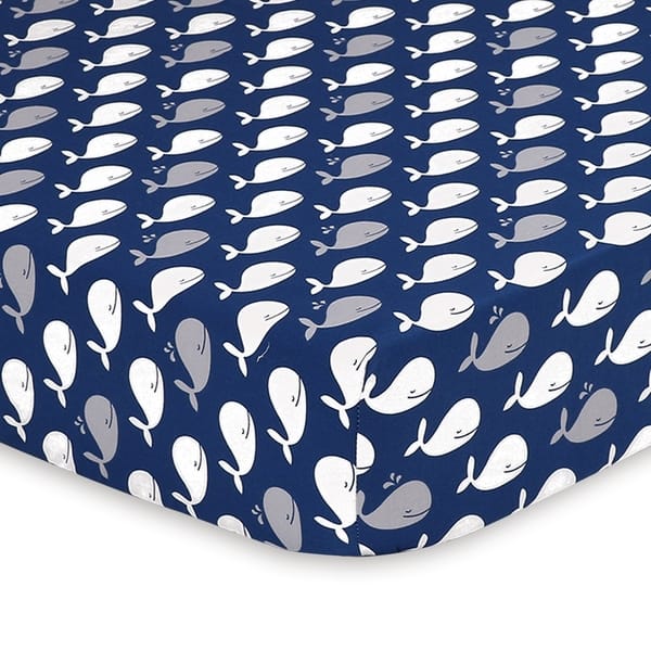 slide 1 of 1, The Peanutshell Navy Whale Fitted Crib Sheet