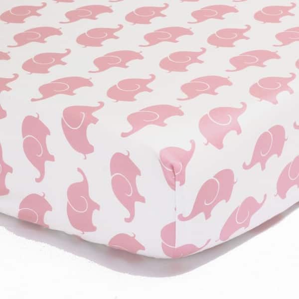 slide 1 of 1, The Peanut Shell Elephant Print Cotton Fitted Crib Sheet in Pink