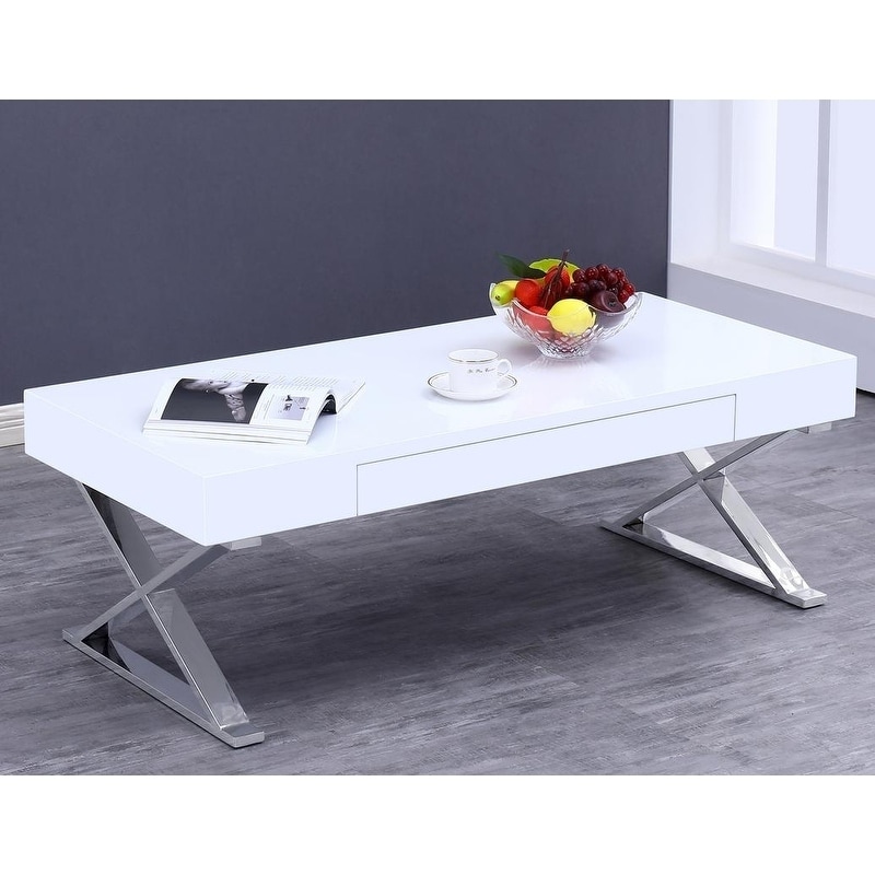 Best Master Furniture  White Lacquer Coffee Table with Drawer (Silver)