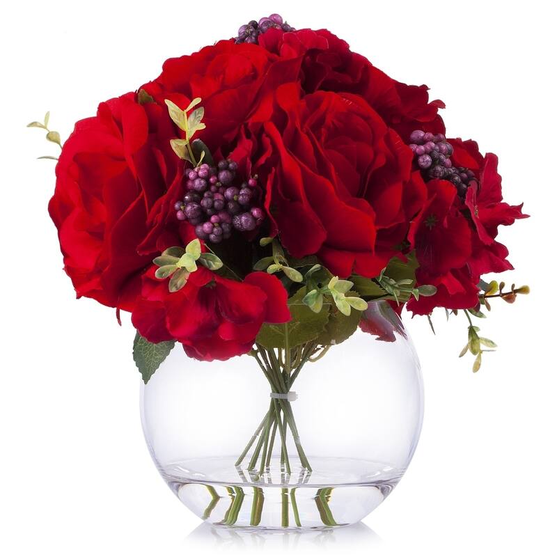 Enova Home Cream Artificial Silk Roses and Hydrangea Fake Flowers Arrangement in Round Glass Vase with Faux Water for Home Decor - Red
