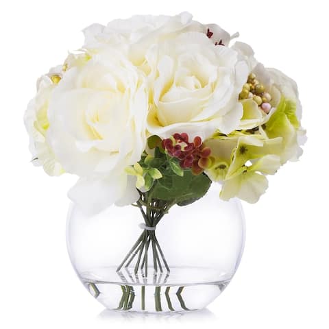 Enova Home Cream Artificial Silk Roses and Hydrangea Fake Flowers Arrangement in Round Glass Vase with Faux Water for Home Decor