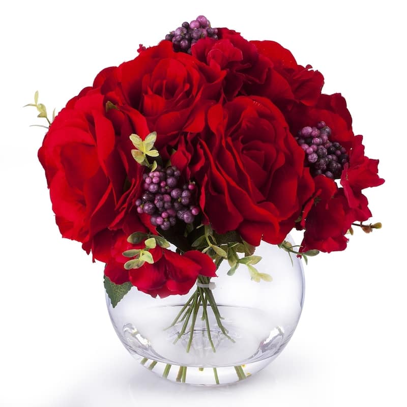 Enova Home Cream Artificial Silk Roses and Hydrangea Fake Flowers Arrangement in Round Glass Vase with Faux Water for Home Decor