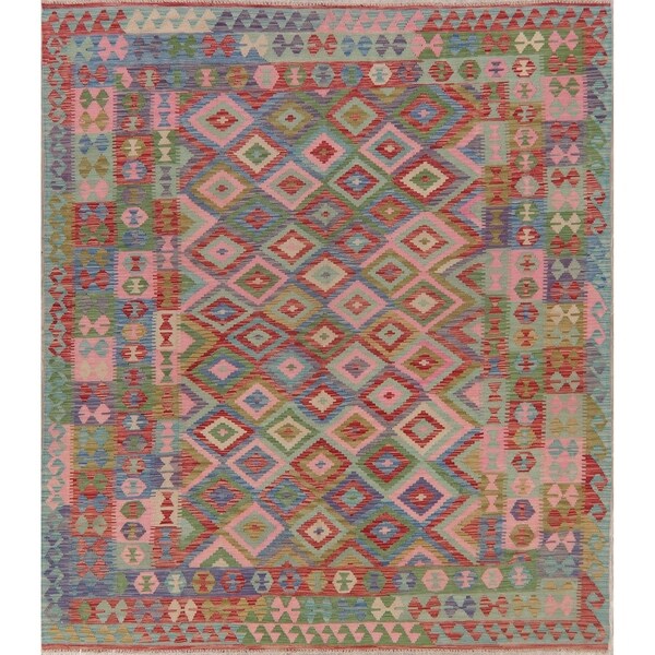 Tribal Pastel Hand Woven Kilim Turkish Geometric Area Rug Southwestern - 9'8" X 6'10"
