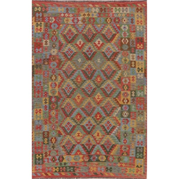 Southwestern Hand Woven Kilim Turkish Oriental Geometric Area Rug - 9'9" X 6'6"