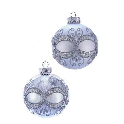 Kurt Adler 80MM Silver with Glitter and Sequins Glass Ball Ornaments, 6 Piece Box