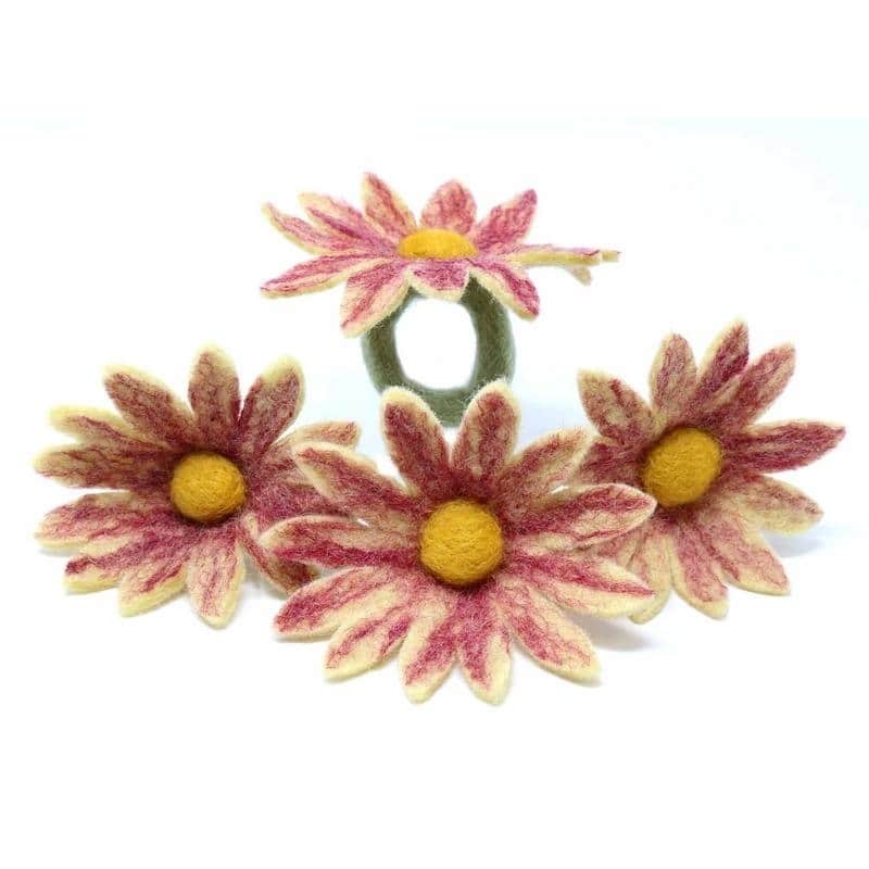 The Curated Nomad Thrift Handmade Felt Coneflower Napkin Rings (Set of 4)
