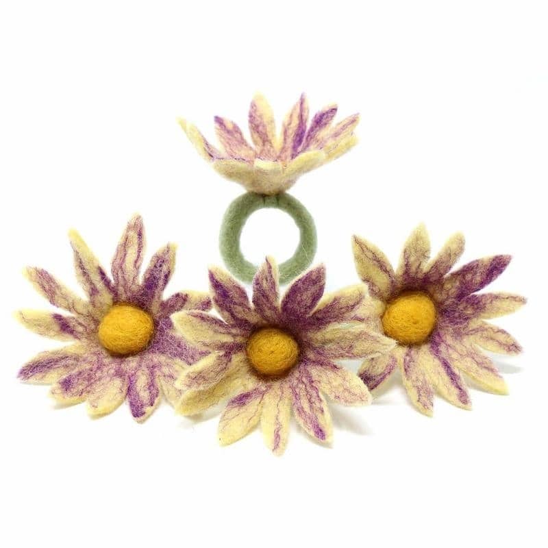 The Curated Nomad Thrift Handmade Felt Coneflower Napkin Rings (Set of 4) - Purple