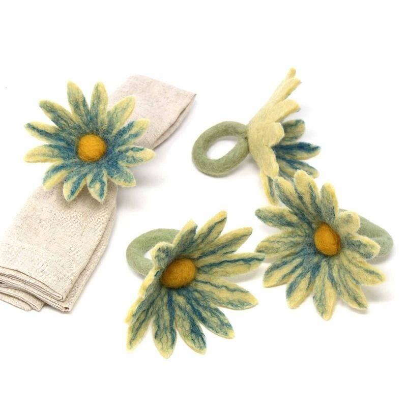 The Curated Nomad Thrift Handmade Felt Coneflower Napkin Rings (Set of 4)
