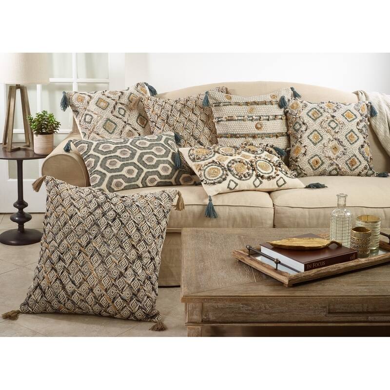 Tasseled Pillow With Block Print Embroidered Design