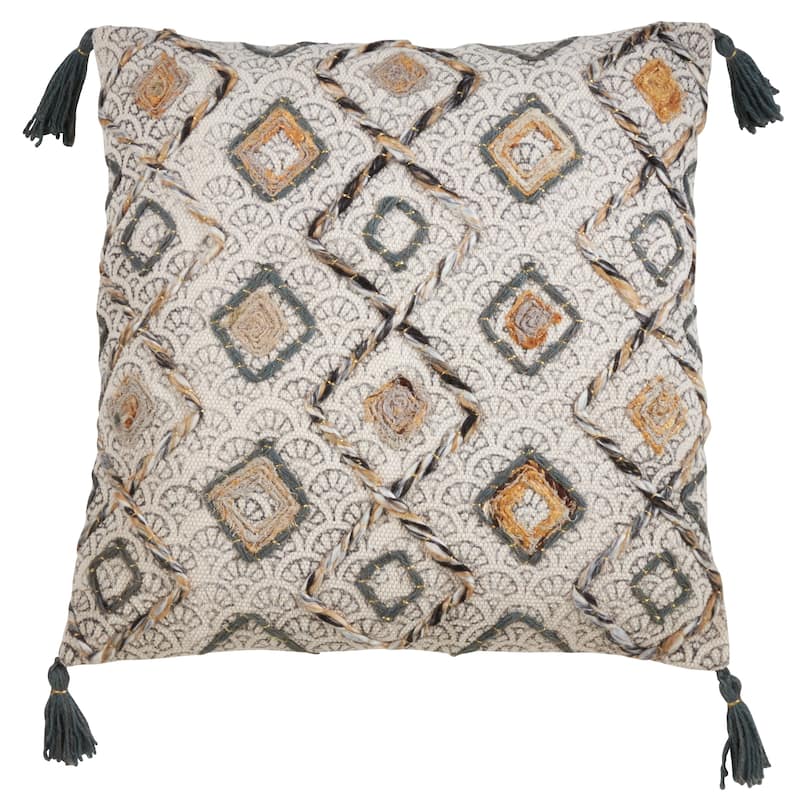 Tasseled Pillow With Block Print Embroidered Design - Feather Down