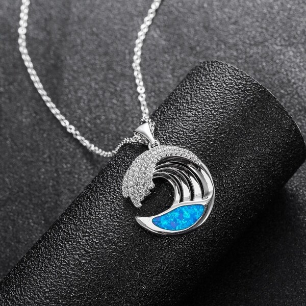 Ocean Wave Opal Pendant Necklace Made with 18k White Gold