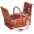 Wicker Picnic Basket Gift Set for 2 - Reusable Plates Cups & Utensils Red & Blue Plaid