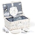 Wicker Picnic Cooler Basket Gift Set for 4 - Reusable Plates Cups & Utensils Blue Stripes
