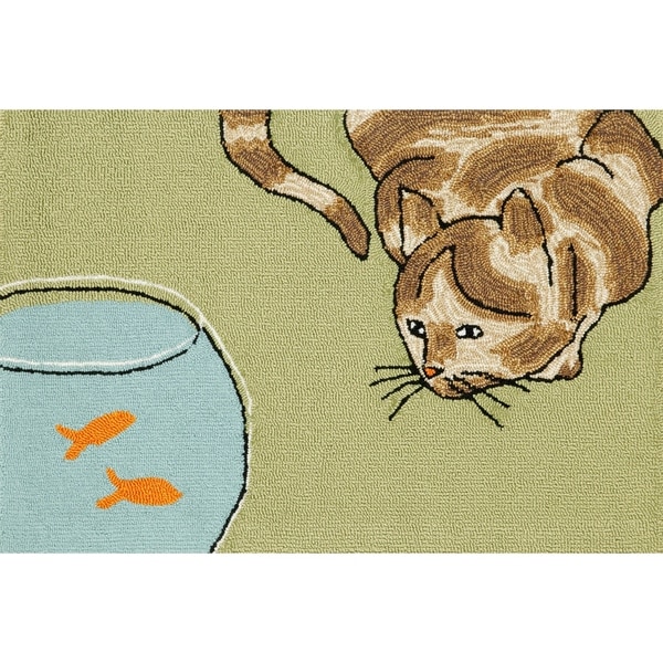 Liora Manne Frontporch Curious Cat Indoor/Outdoor Rug Green 24"X36"