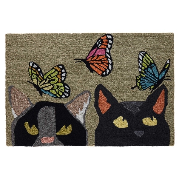 Liora Manne Frontporch Cats And Butterflies Indoor/Outdoor Rug Mint 30"X48"