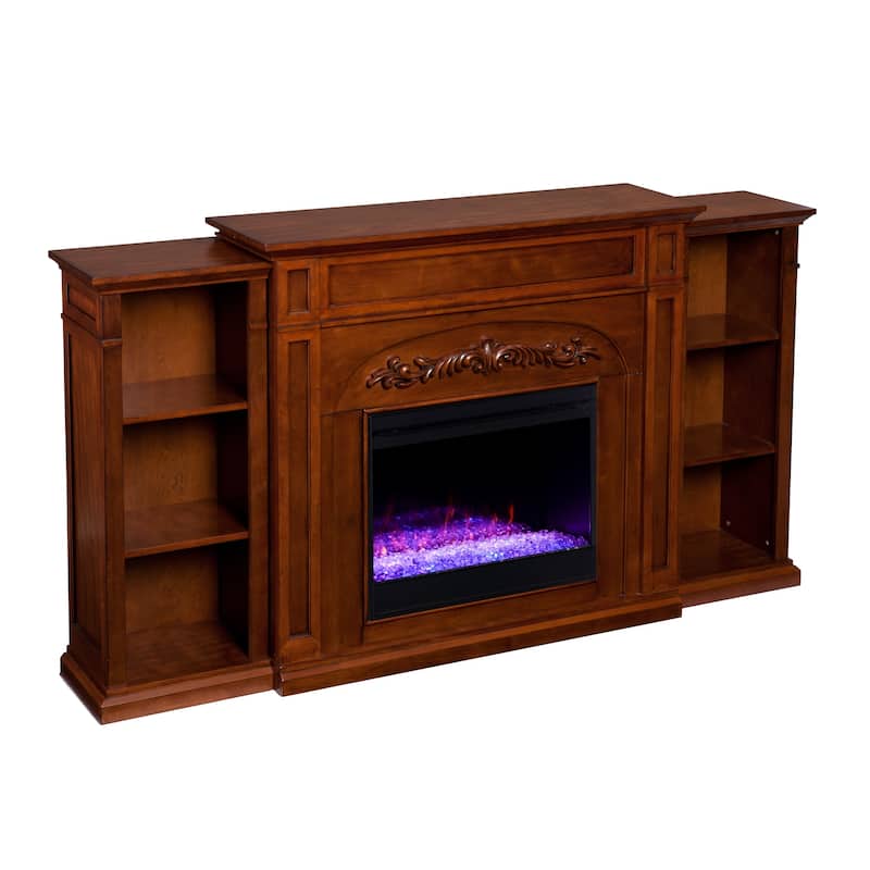SEI Furniture Chantal Brown Color Changing Fireplace with Bookcases