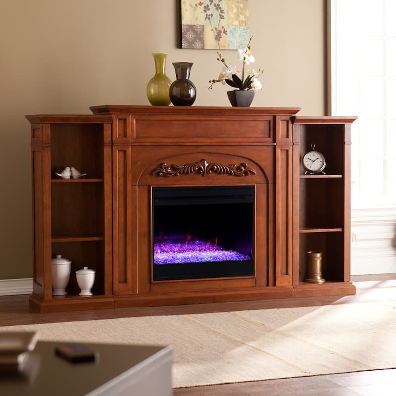 SEI Furniture Chantal Brown Color Changing Fireplace with Bookcases