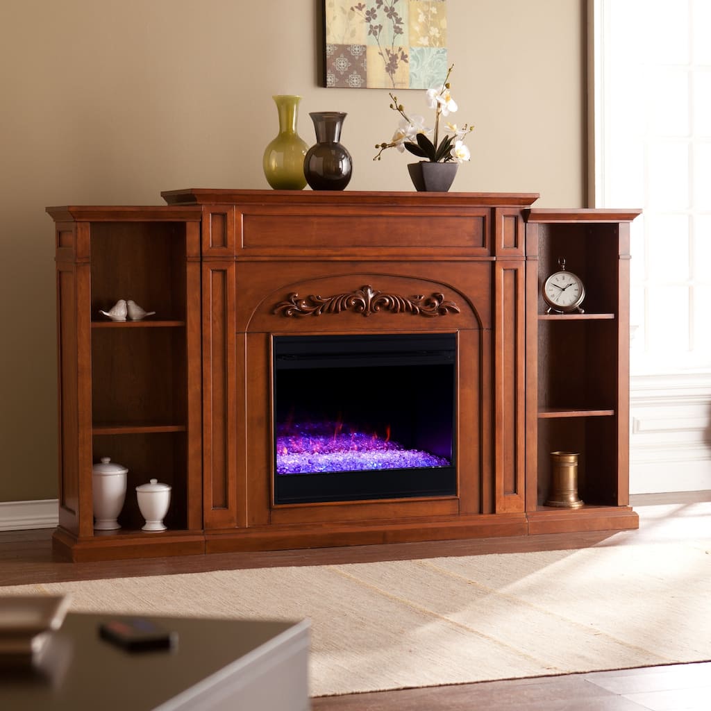 SEI Furniture Chantal Brown Color Changing Fireplace with Bookcases