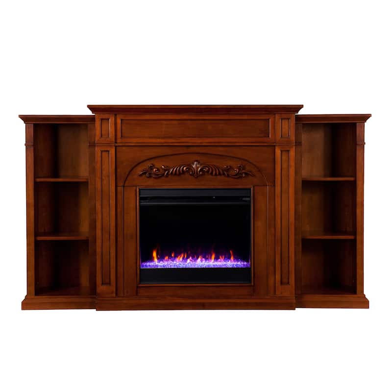 SEI Furniture Chantal Brown Color Changing Fireplace with Bookcases