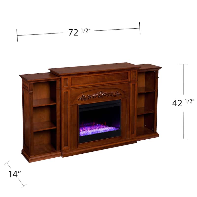 SEI Furniture Chantal Brown Color Changing Fireplace with Bookcases