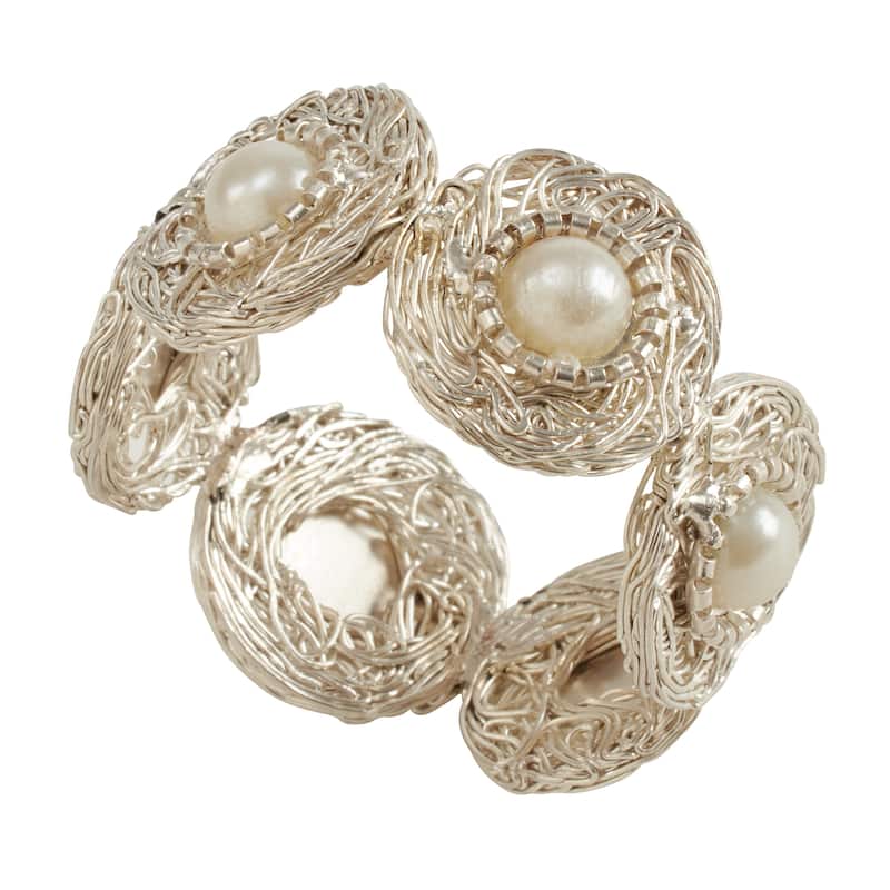 Beaded Napkin Rings With Pearl Design (Set of 4) - Silver - Set of 4